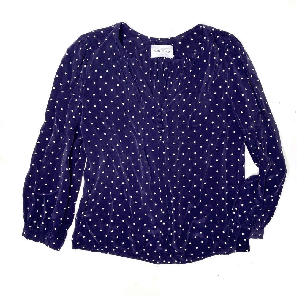 Anthropologie Maria Stanley 100% Silk Polka Dot Blouse Blue Popover Boho Top M